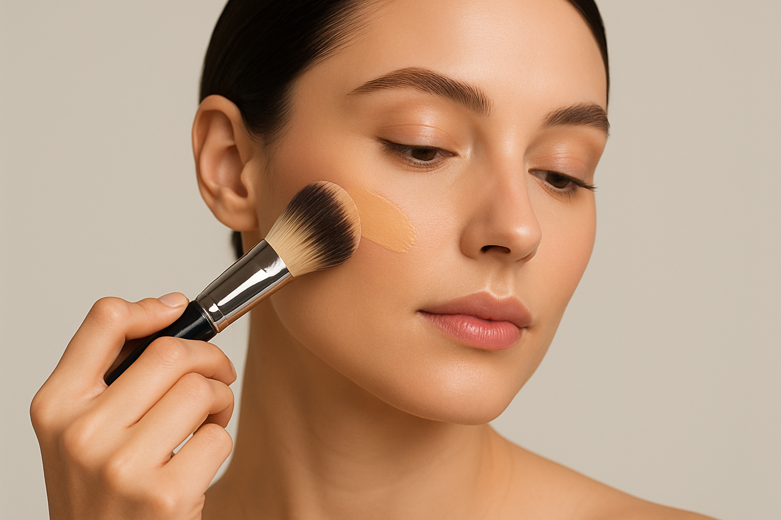 model doing makeup with a foundation brush
